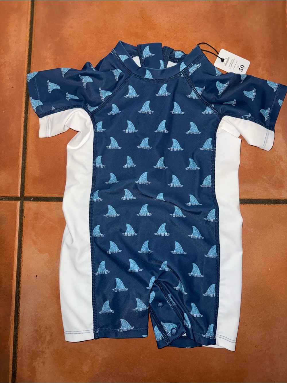 Kids Navy Blue Shark-Print Short Sleeve Rashguard Swimsuit